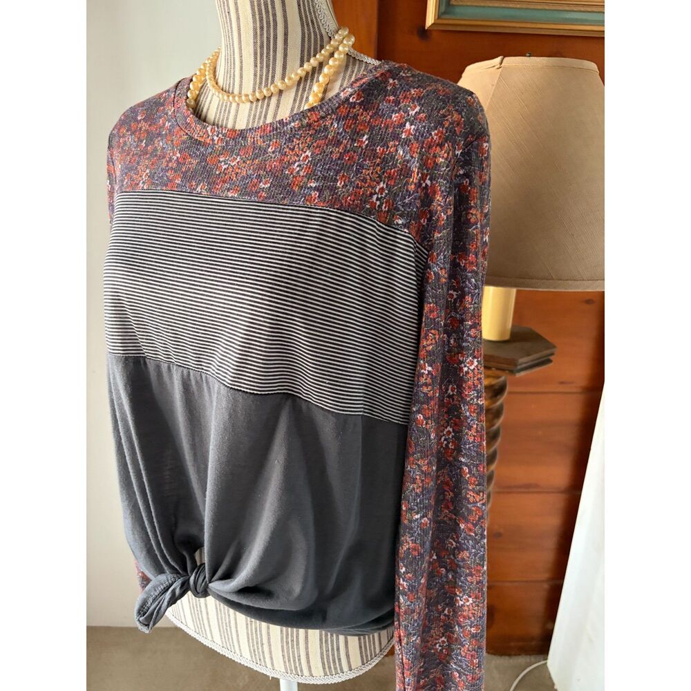 Self Esteem Fall BOHO Color Block Floral Cottage Core Casual Cozy Textured Knit